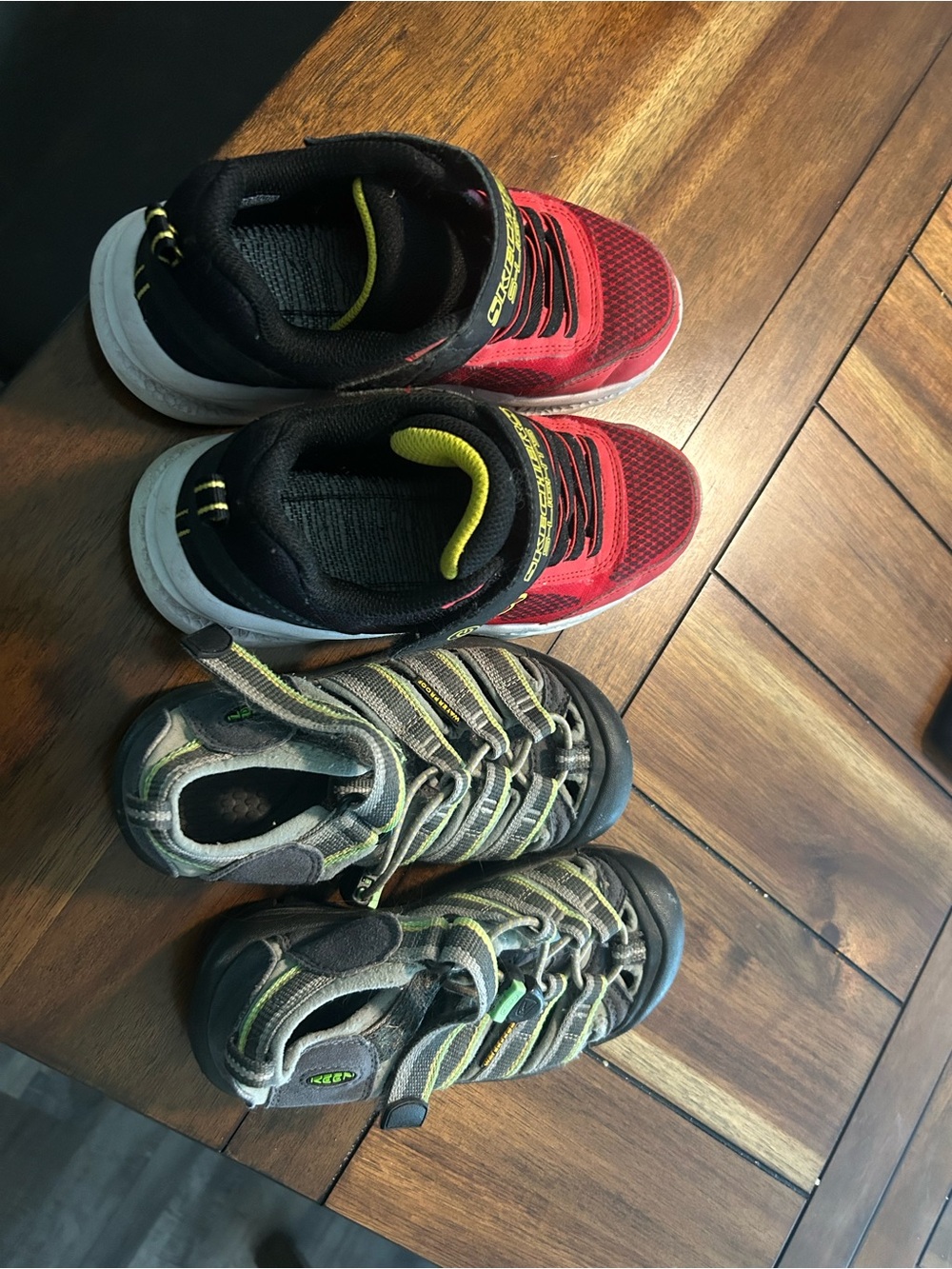 Kids Red Light Up Skechers and Grey/Green Keens